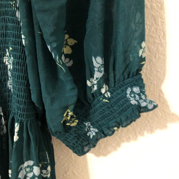 FREE PEOPLE Delta Dawn Emerald Green Floral Mesh Square Neck Smock Top Large - Picture 8 of 11